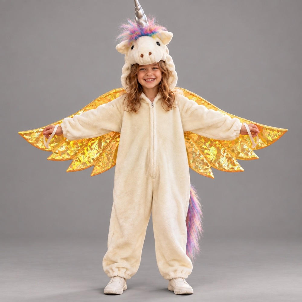 209 Vintage Chosun Kids Unicorn Costume Thick Plush Gold Wings Halloween Cosplay